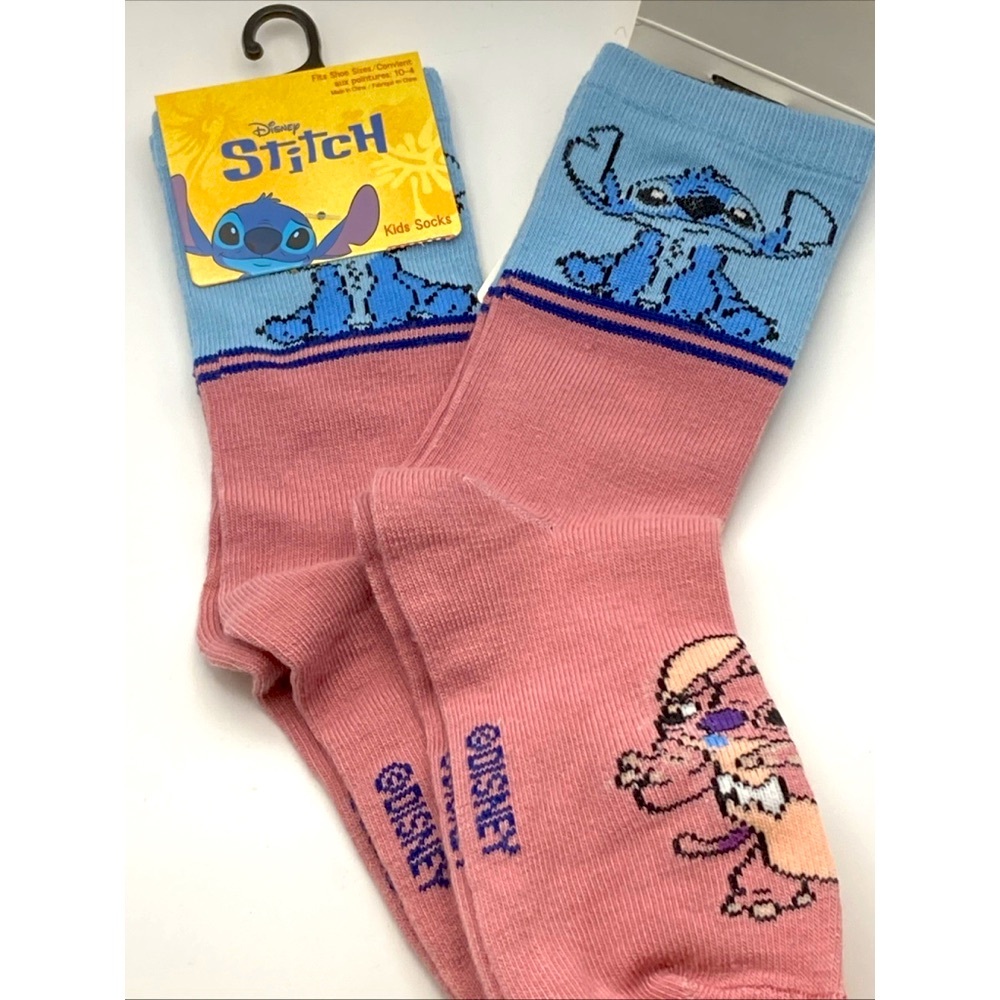 Disney Stitch Girls Crew Socks Rose & Blue Shoe Size 10-4 2 pairs New